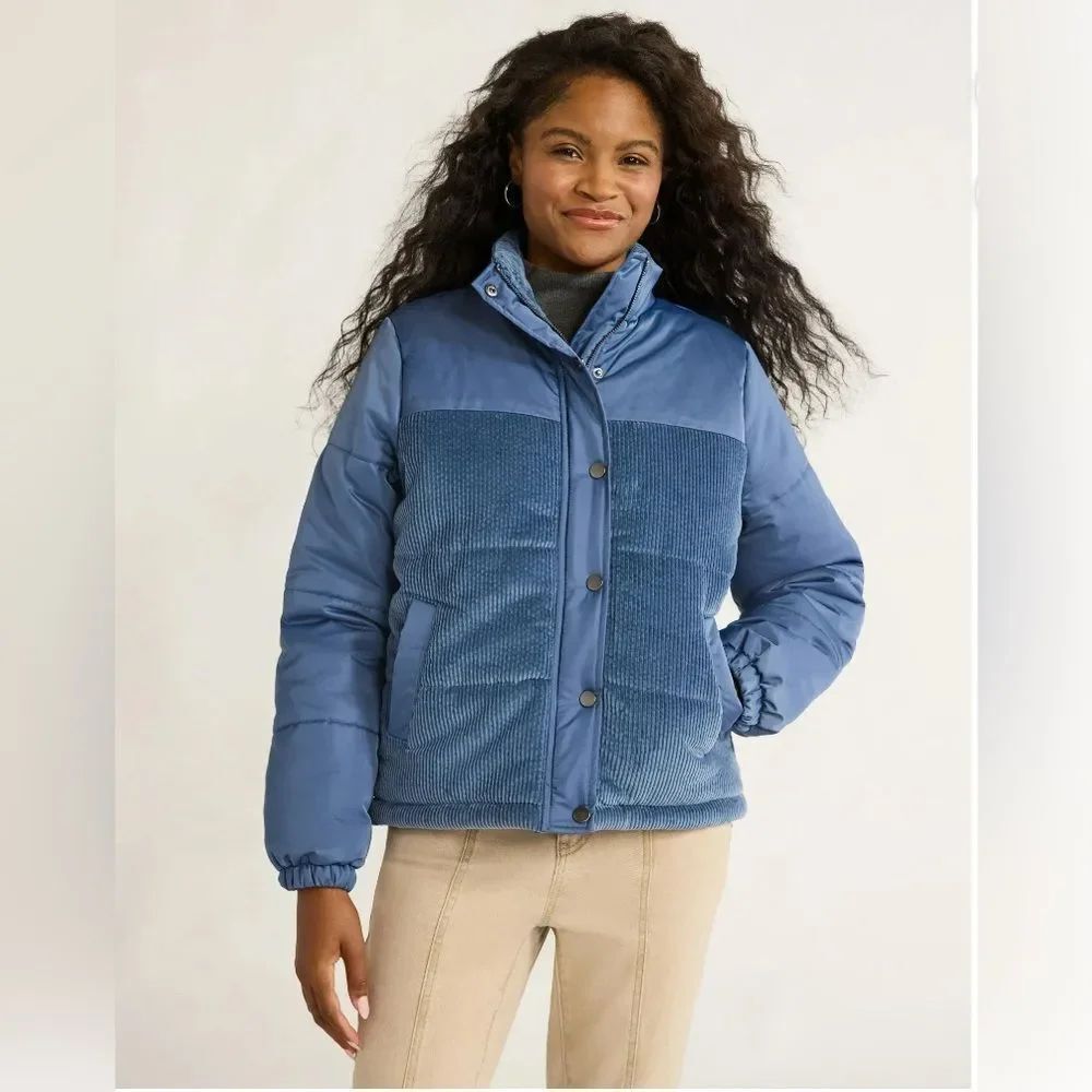 NWT SZ XL Time and Tru Mixed Media Puffer Jacket in French-Blue